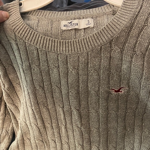 Hollister Sweaters - Hollister Gray Cable Knit Crewneck Sweater with Red Logo